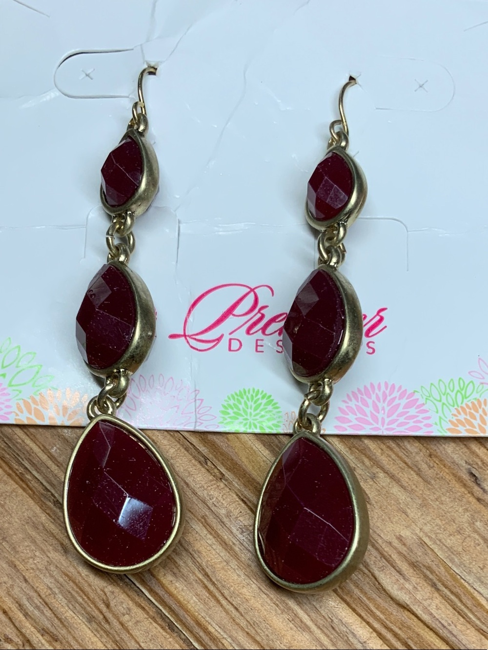 Premier Designs "Ruby" Deep Wine Faceted Teardrop Dangle Earrings